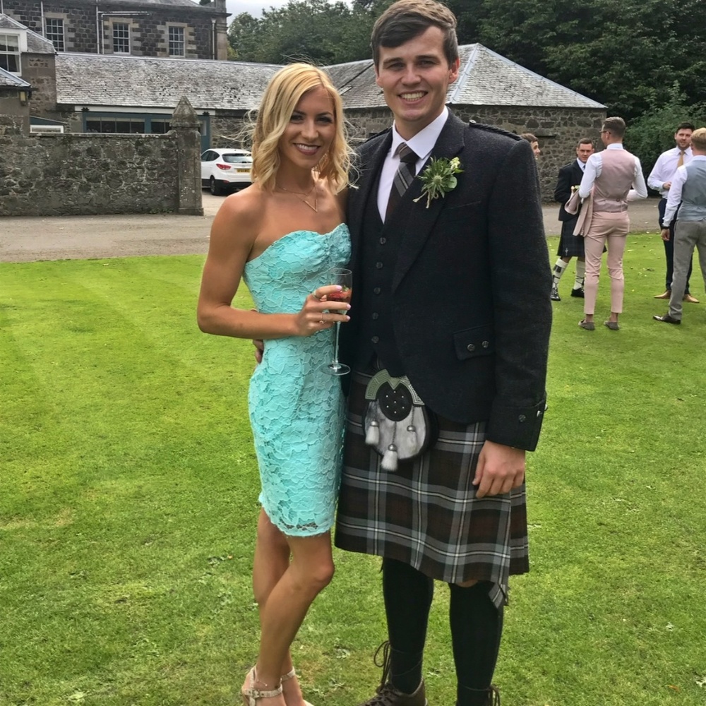 Light blue fitted, lace cocktail dress